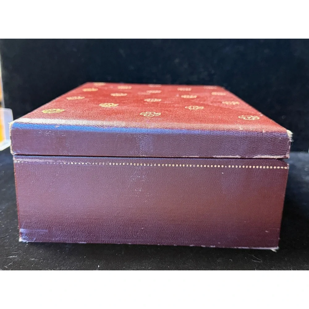 Vintage Burgundy Jewelry Box: Gold Clover, Faux Leather, Tiered Tray with Key